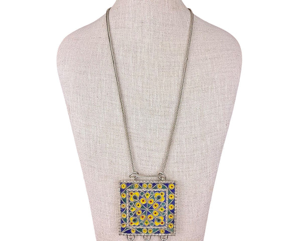 Vintage Silver-Tone Filigree & Enamel Necklace With Pendant Yellow/Blue Accents