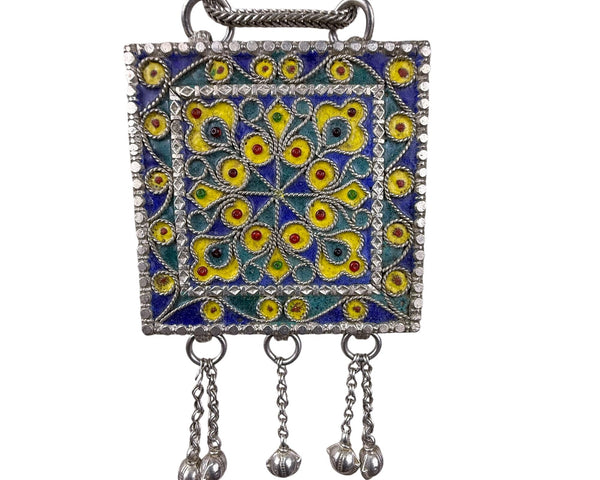 Vintage Silver-Tone Filigree & Enamel Necklace With Pendant Yellow/Blue Accents