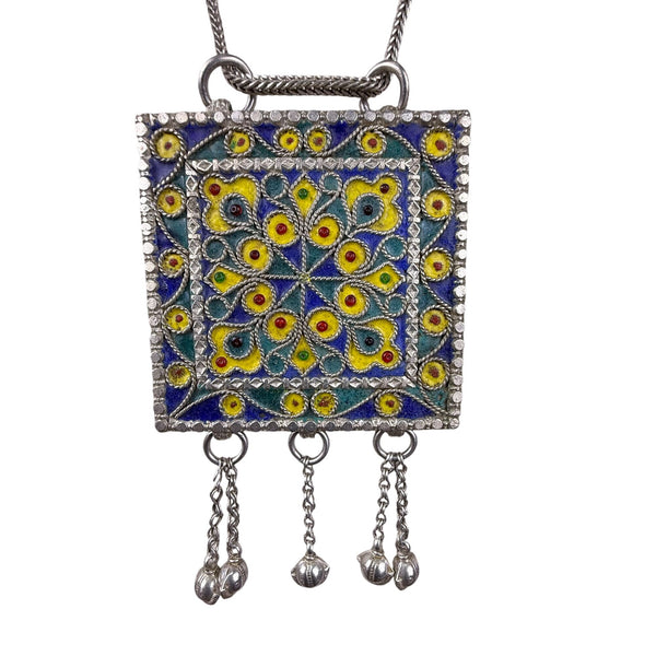 Vintage Silver-Tone Filigree & Enamel Necklace With Pendant Yellow/Blue Accents