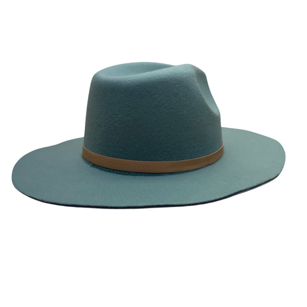 Wool Felt Fedora Hat Unisex Teal Colorway Wide Brim With Tan Band Adjustable Fit