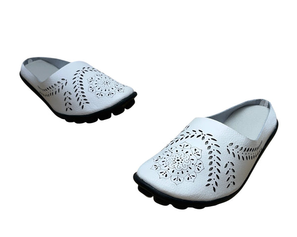 Women’s White Faux Leather Cut Out Floral Design Black Soles Slip-On Shoes Sz 37