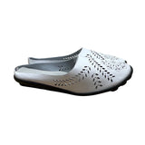 Women’s White Faux Leather Cut Out Floral Design Black Soles Slip-On Shoes Sz 37