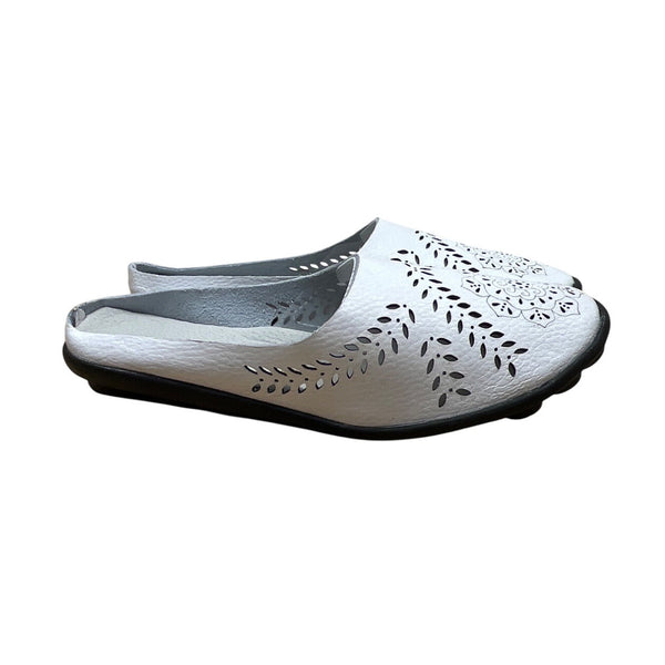 Women’s White Faux Leather Cut Out Floral Design Black Soles Slip-On Shoes Sz 37