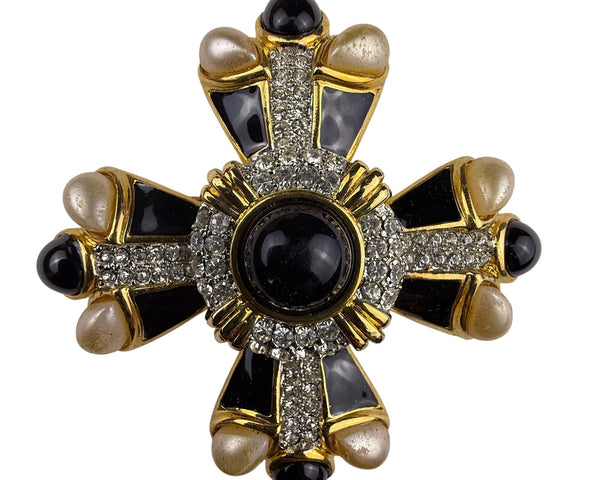 AFJ Vintage Gold Tone Black Enamel Faux Pearl Rhinestone Maltese Cross Brooch