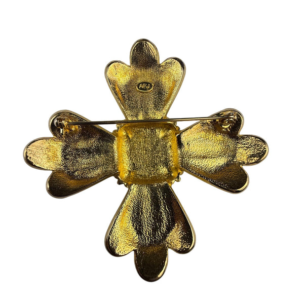 AFJ Vintage Gold Tone Black Enamel Faux Pearl Rhinestone Maltese Cross Brooch