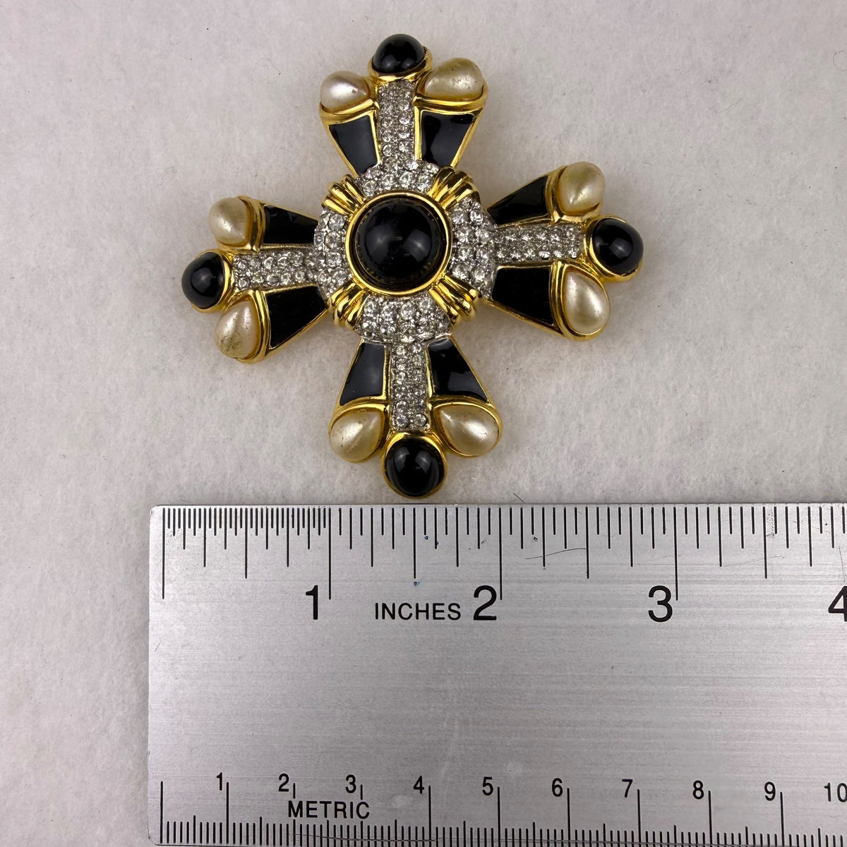 AFJ Vintage Gold Tone Black Enamel Faux Pearl Rhinestone Maltese Cross Brooch