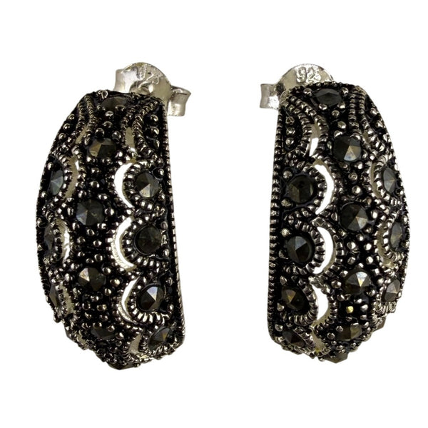 Vintage 925 Sterling Silver Womens Black Marcasite Textured Hoop Earrings
