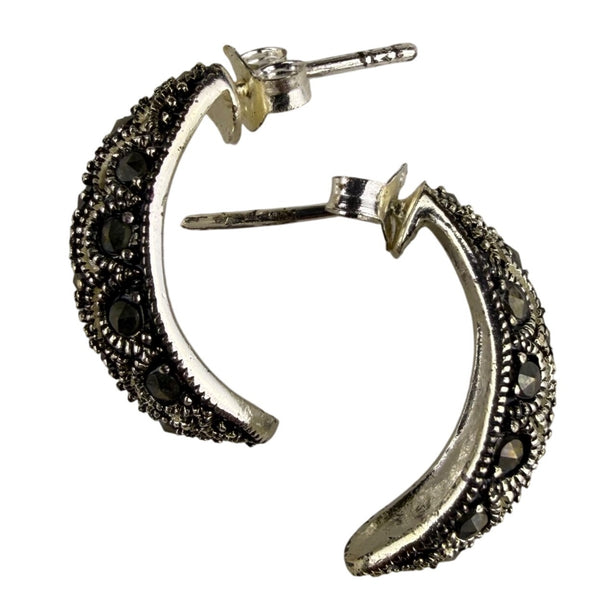 Vintage 925 Sterling Silver Womens Black Marcasite Textured Hoop Earrings