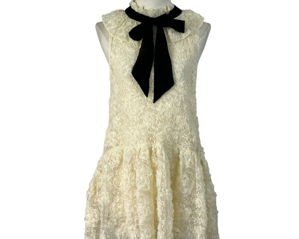 Zara Womens Ivory Lace Mini Dress Black Bow Detail Sleeveless Ruffle Collar Size S