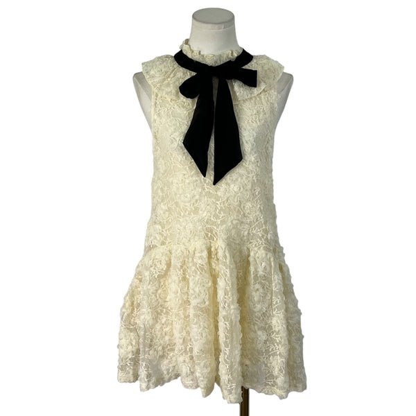 Zara Womens Ivory Lace Mini Dress Black Bow Detail Sleeveless Ruffle Collar Size S