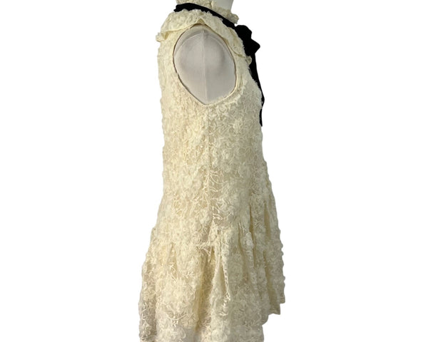 Zara Womens Ivory Lace Mini Dress Black Bow Detail Sleeveless Ruffle Collar Size S