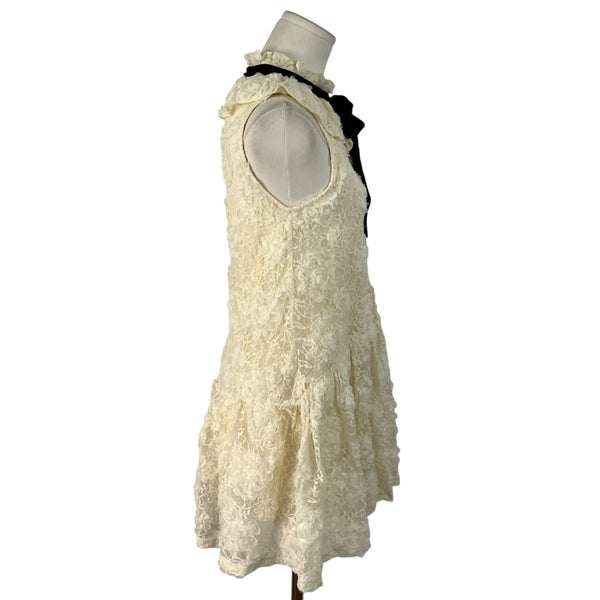 Zara Womens Ivory Lace Mini Dress Black Bow Detail Sleeveless Ruffle Collar Size S
