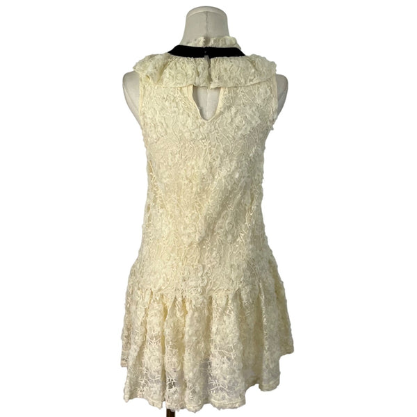 Zara Womens Ivory Lace Mini Dress Black Bow Detail Sleeveless Ruffle Collar Size S
