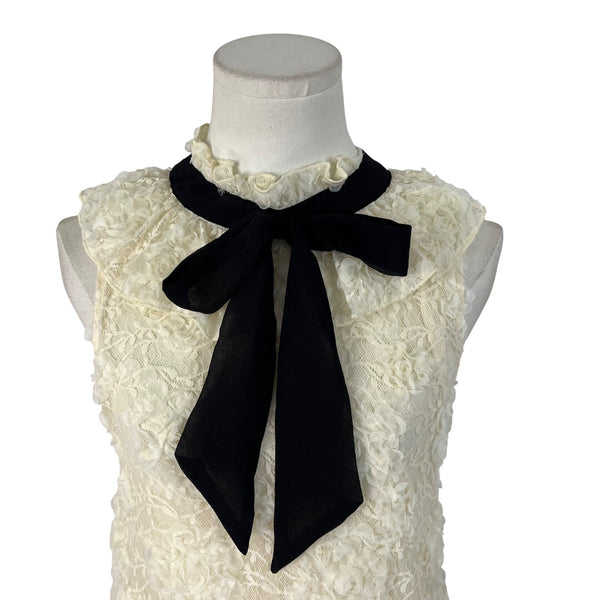 Zara Womens Ivory Lace Mini Dress Black Bow Detail Sleeveless Ruffle Collar Size S