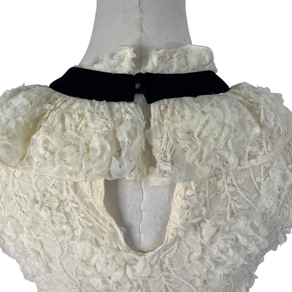 Zara Womens Ivory Lace Mini Dress Black Bow Detail Sleeveless Ruffle Collar Size S
