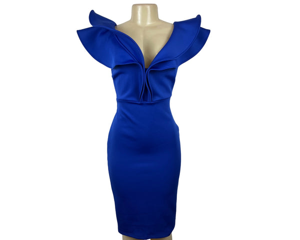 Gobles Women's Royal Blue V Neck Ruffle Shlouder Bodycon Dress Sz M - New