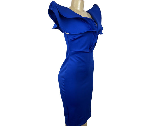 Gobles Women's Royal Blue V Neck Ruffle Shlouder Bodycon Dress Sz M - New