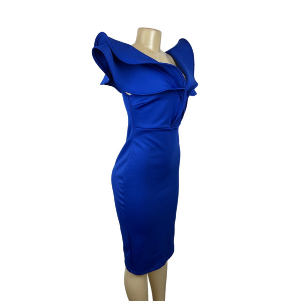 Gobles Women's Royal Blue V Neck Ruffle Shlouder Bodycon Dress Sz M - New