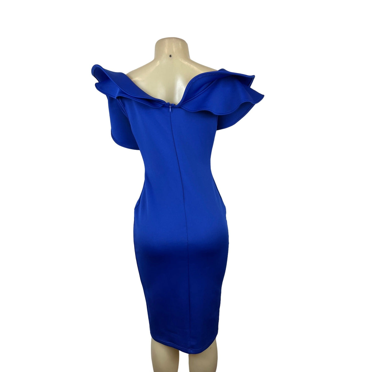 Gobles Women's Royal Blue V Neck Ruffle Shlouder Bodycon Dress Sz M - New