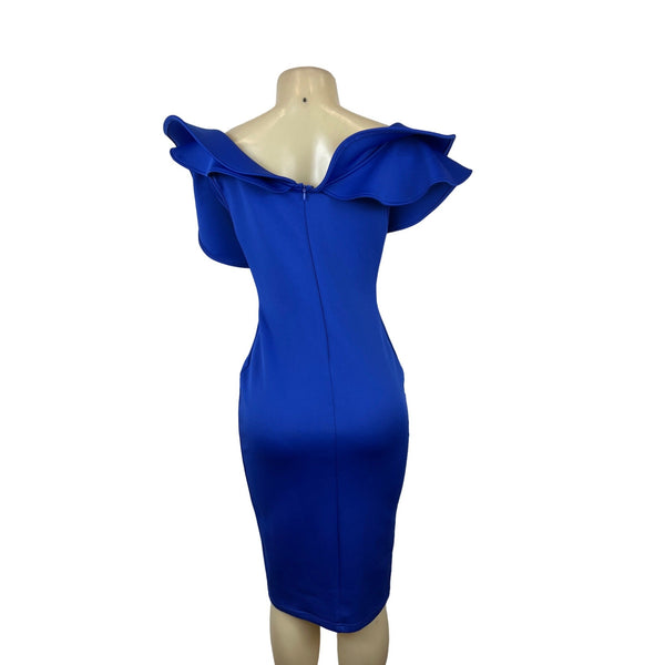 Gobles Women's Royal Blue V Neck Ruffle Shlouder Bodycon Dress Sz M - New