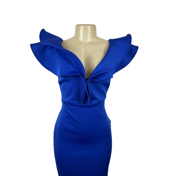 Gobles Women's Royal Blue V Neck Ruffle Shlouder Bodycon Dress Sz M - New
