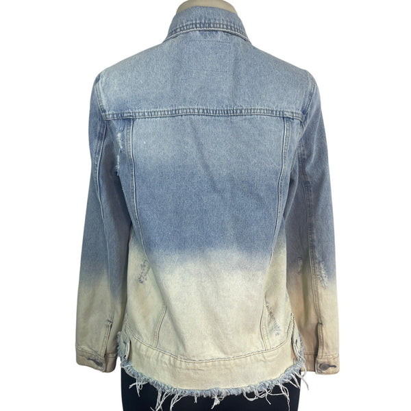 BlankNyc Distressed Ombre Denim Jacket With Frayed Hem & Button Closure Sz S