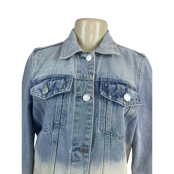 BlankNyc Distressed Ombre Denim Jacket With Frayed Hem & Button Closure Sz S