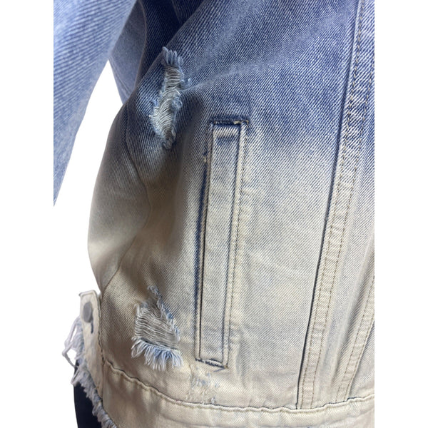 BlankNyc Distressed Ombre Denim Jacket With Frayed Hem & Button Closure Sz S