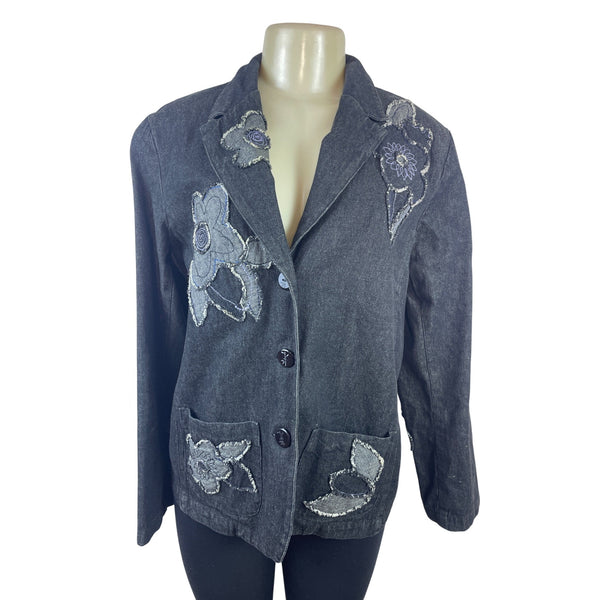 Ruby Rd. Womens Denim Blazer Jacket W/ Floral Embroidery Size 10