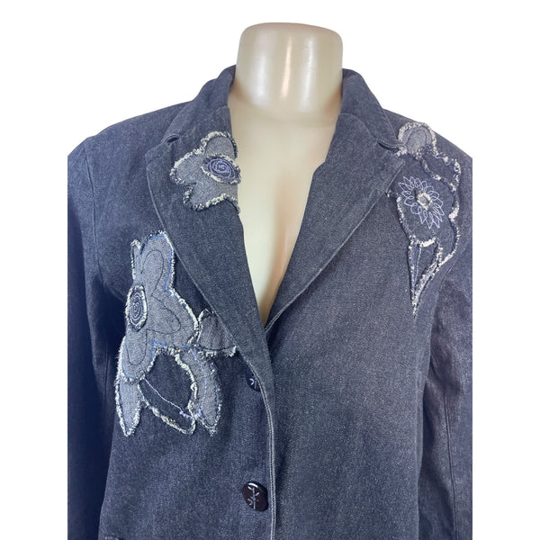 Ruby Rd. Womens Denim Blazer Jacket W/ Floral Embroidery Size 10