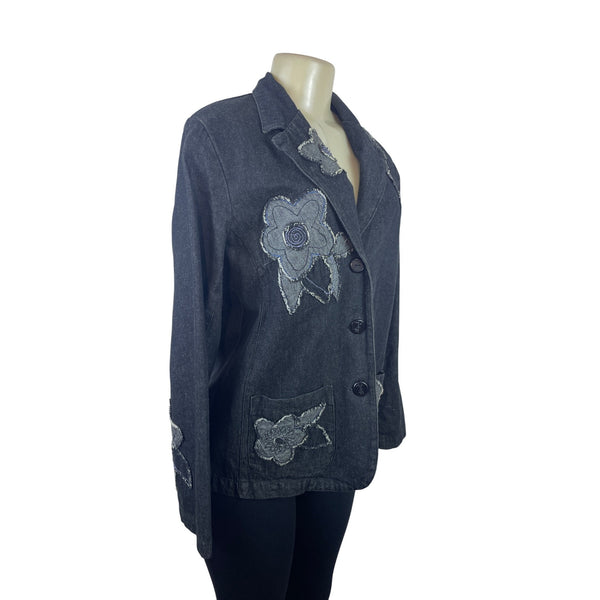 Ruby Rd. Womens Denim Blazer Jacket W/ Floral Embroidery Size 10