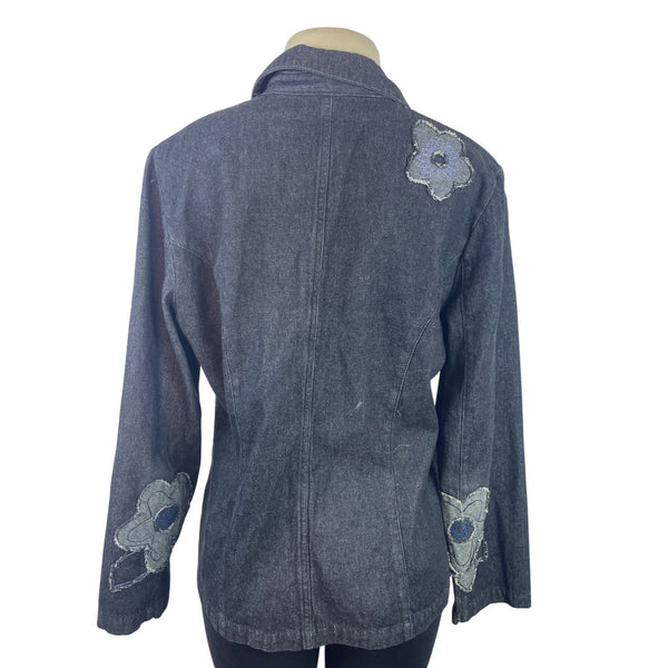 Ruby Rd. Womens Denim Blazer Jacket W/ Floral Embroidery Size 10