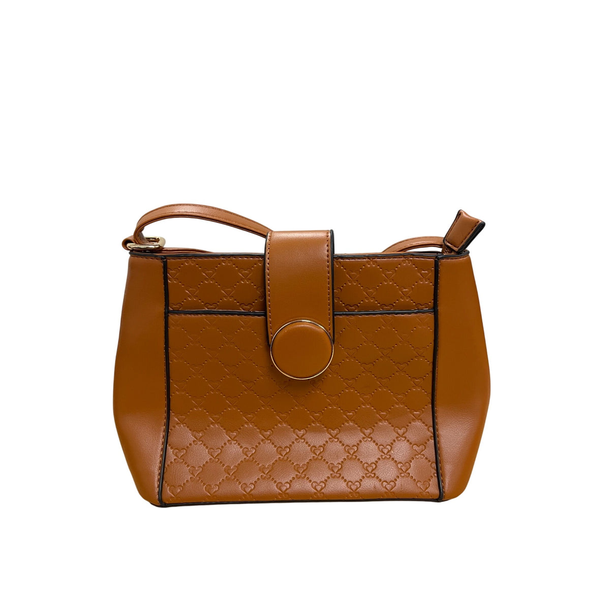 Brown Faux Leather Quilted Crossbody Bag With Adjustable Strap & Snap Button Detail