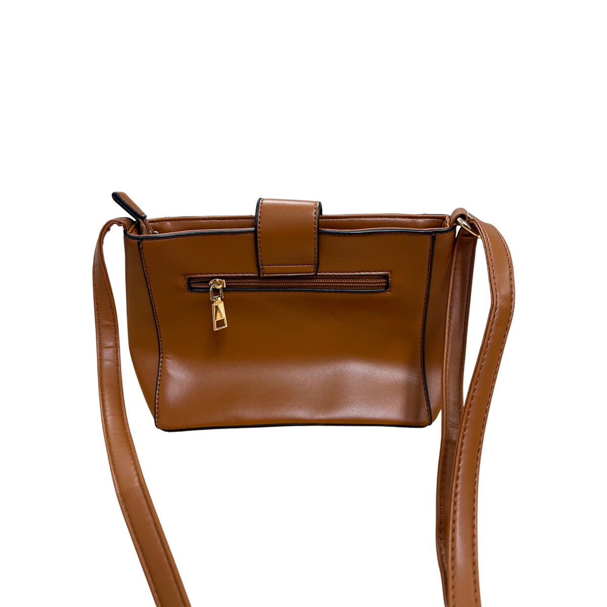 Brown Faux Leather Quilted Crossbody Bag With Adjustable Strap & Snap Button Detail