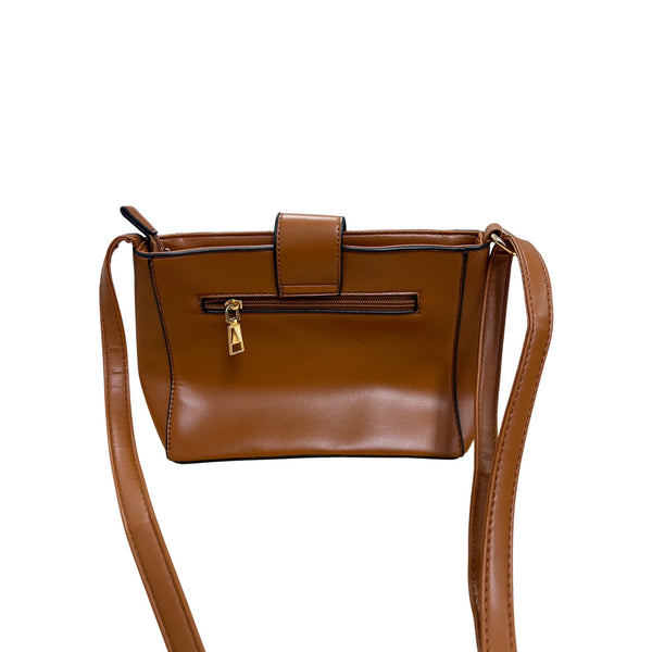 Brown Faux Leather Quilted Crossbody Bag With Adjustable Strap & Snap Button Detail