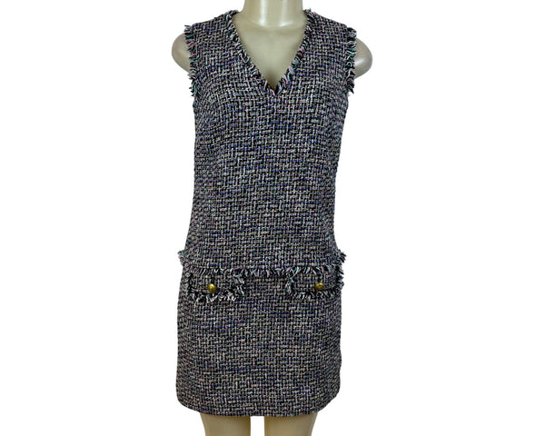 J. Crew Tweed Sleeveless Multi-Color V-Neck Dress With Fringe Detail Pockets Size 00