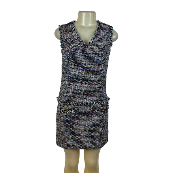 J. Crew Tweed Sleeveless Multi-Color V-Neck Dress With Fringe Detail Pockets Size 00