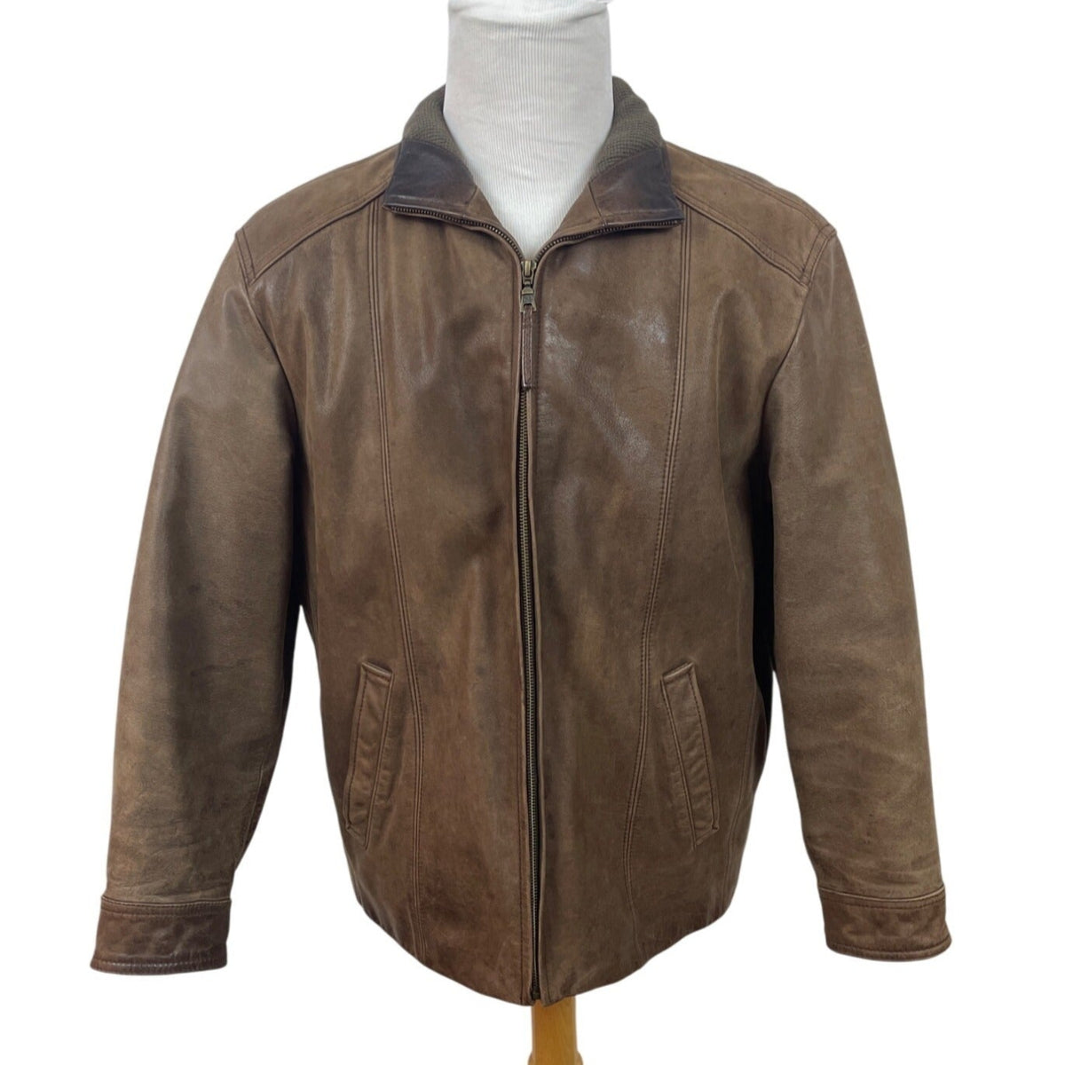 Jos. A. Bank Mens Brown Leather Jacket With Map Lining & Zip Closure Size M