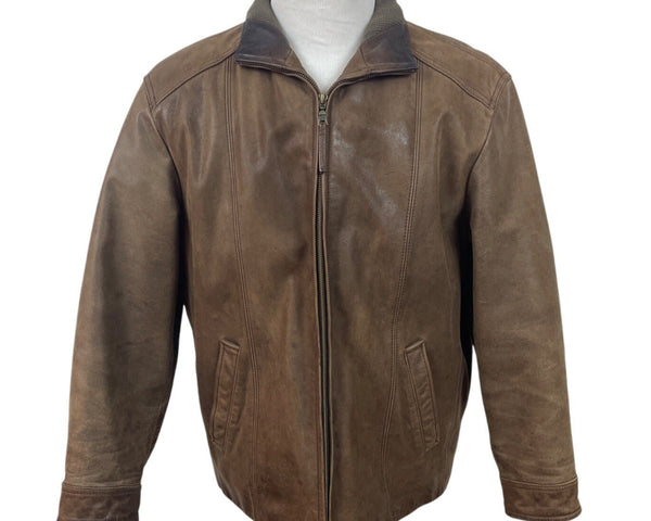 Jos. A. Bank Mens Brown Leather Jacket With Map Lining & Zip Closure Size M