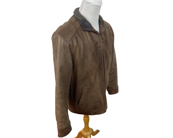 Jos. A. Bank Mens Brown Leather Jacket With Map Lining & Zip Closure Size M
