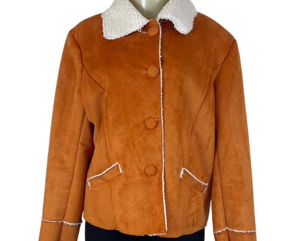 Chicos Womens Orange Faux Suede Sherpa Lined Jacket Button Front Collar Size 2