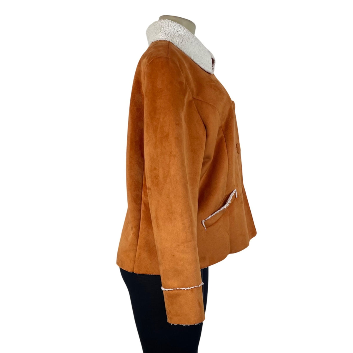 Chicos Womens Orange Faux Suede Sherpa Lined Jacket Button Front Collar Size 2
