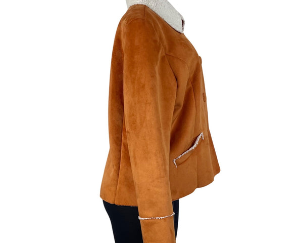 Chicos Womens Orange Faux Suede Sherpa Lined Jacket Button Front Collar Size 2