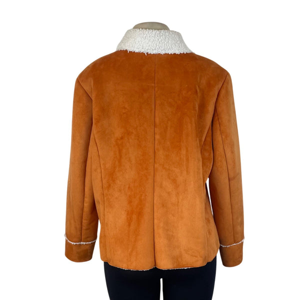 Chicos Womens Orange Faux Suede Sherpa Lined Jacket Button Front Collar Size 2