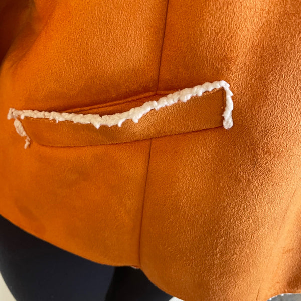 Chicos Womens Orange Faux Suede Sherpa Lined Jacket Button Front Collar Size 2