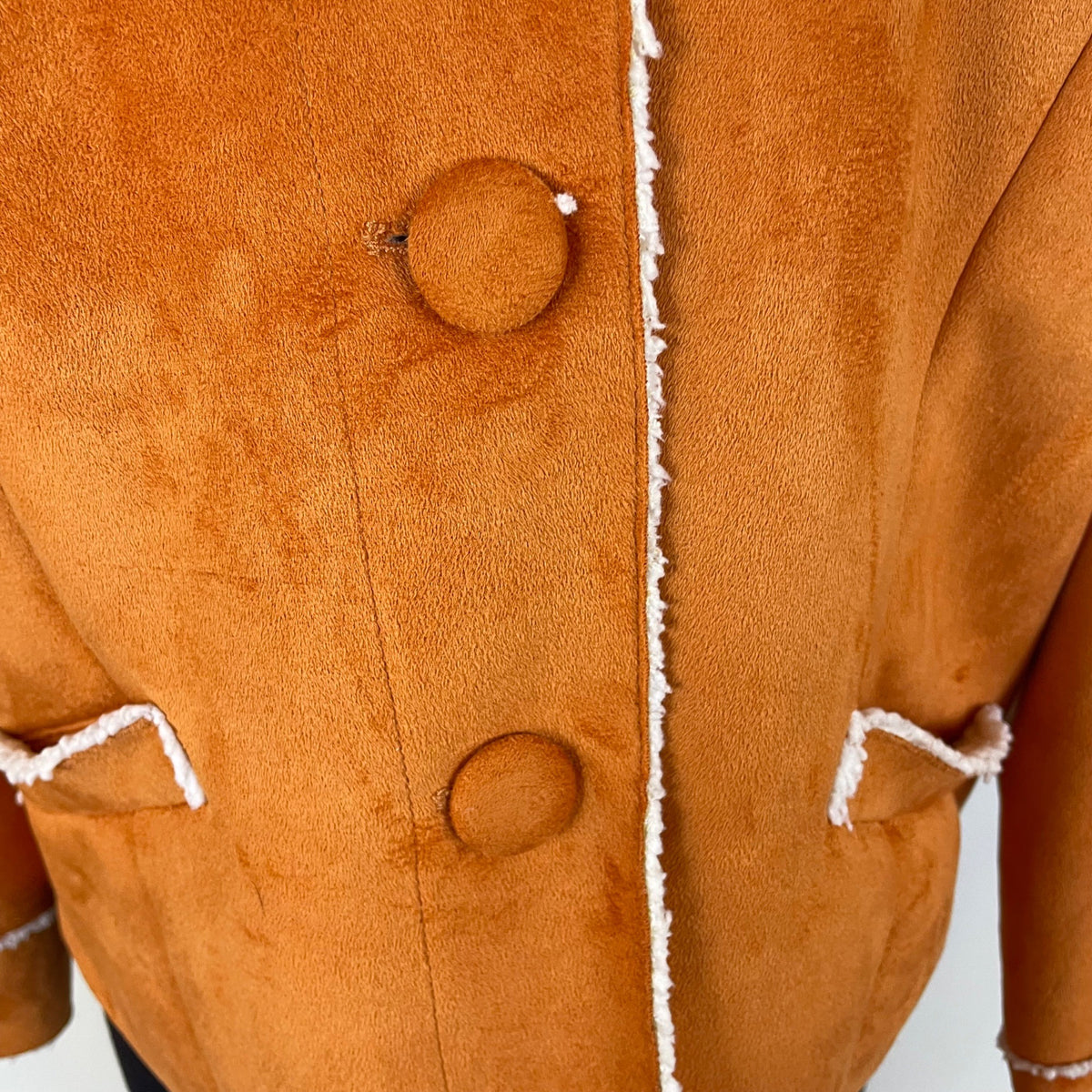Chicos Womens Orange Faux Suede Sherpa Lined Jacket Button Front Collar Size 2