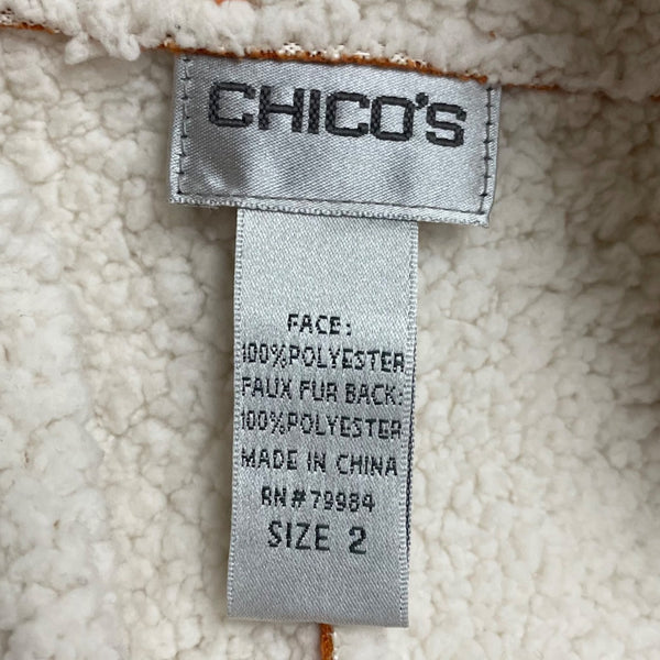 Chicos Womens Orange Faux Suede Sherpa Lined Jacket Button Front Collar Size 2