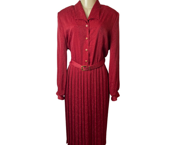 Vtg 80s Florentine Classic Button Up Red Pleated Shirt Midi Dress Sz 14