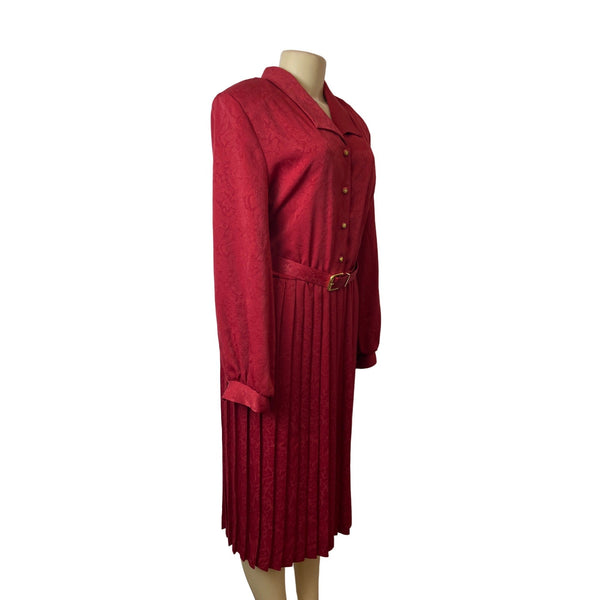 Vtg 80s Florentine Classic Button Up Red Pleated Shirt Midi Dress Sz 14