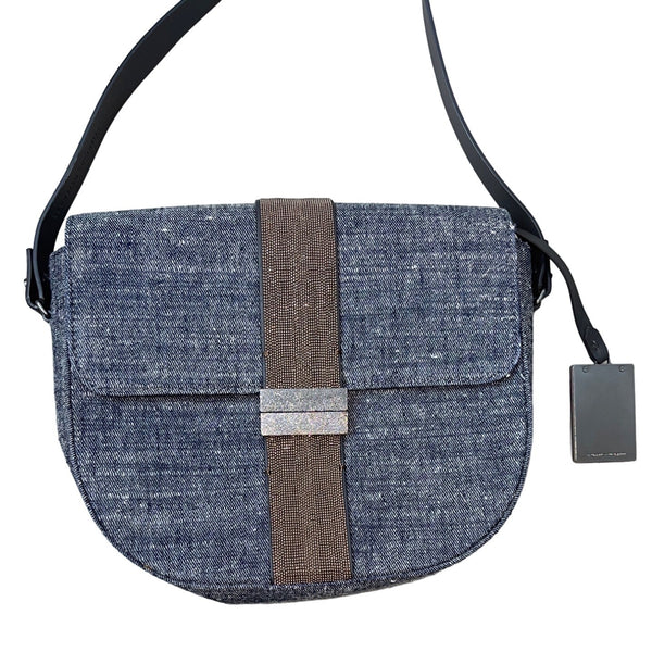Brunello Cucinelli Women's Blue Denim Beaded Closure Crossbody Bag